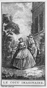 Jean Baptiste Poquelin dit Moliere（1622-1673）の作品「Sganarelle ou le cuckold imaginaire」（1660年）の一場面を表現したもの。1738年のエングレーヴィング。 作： French School
