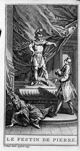 Jean Baptiste Poquelin dit Moliere（1622-1673）の作品「Dom juan ou le fen de Pierre」（1665年）の一場面を表現したもの。1739年のエングレーヴィング。 作： French School