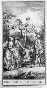 ジャン・バティスト・ポケリン・ディ・モリエール（1622-1673）の作品「プシュケのプロローグ」の一場面を表現したもの。1740年のエングレーヴィング。 作： French School