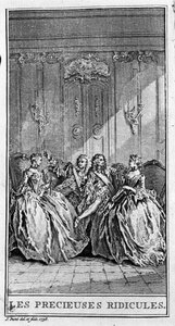 ジャン・バティスト・ポケリン・ディ・モリエール（1622-1673）の作品「貴重な滑稽者たち」（1659年）の一場面を描いたもの。1738年のエングレーヴィング。 作： French School
