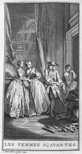 Jean Baptiste Poquelin dit Moliere (1622-1673)の戯曲「Les femmes savantes」(1672)の一場面を描いたもの。1740年のエングレーヴィング。 作： French School