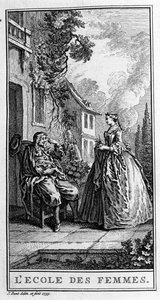 Jean Baptiste Poquelin dit Moliere (1622-1673)の戯曲「女の学校」（1662年）の一場面を描いたもの。1739年のエングレーヴィング。