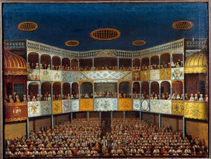 ジャン・バティスト・ポケリン・ディ・モリエール（1622-1673）の「架空のマラド」をスペインのミノルカ劇場で表現したもので、ホールと観客の様子を描いています。18世紀の絵画。パリ、装飾美術