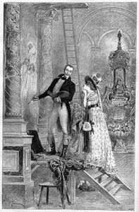 1887年にサン・マルタン門劇場で上演されたヴィクトール・サルドーのドラマ「トスカ」を表現したもの。ここでは第1幕、聖アンドレア教会にデュメニーとサラ・ベルナール（1844-1923）と呼ばれるアンリエット・ロジーヌ・ベルナールがいる 作： French School