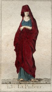 ベールで顔を覆った若い女性の「慎みの神」の表現。(顔にベールを被った女性としての「慎重さ」の表現)。ピエール・ブランシャール1803年の「青年の神話」より。 作： French School