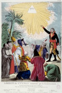 ナポレオン・ボナパルト（1769-1821）が維持した全宗教の崇拝の自由を表現したもの。第一執政官は、神を象徴する三位一体の三角形を示し、各宗教の代表者が集まっている。カトリックの前夜祭、ユダヤ人、クエーカー教徒。