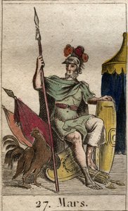 武器を持った戦争の神マルスが雄鶏の近くにいる様子を表したもの。戦神マルスは鋲で武装している）。ピエール・ブランシャール1803年の「青年の神話」より。 作： French School