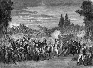 演劇的表現：アドルフ・デネリー（Dennery）（1811-1899）の「マレンゴ」。戦争中の1800年6月14日のマレンゴの戦いで、ナポレオン・ボナパルト（1769-1821）の目の前で、将軍ルイ・シャルル・アントワーヌ・ドゥセイクス・ド・ヴェイグー（1768-1800）が亡くなります。