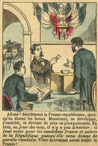 共和制フランスはフランス人の投票に値する。1889年3月30日、パリの『ル・フィガロ』誌に掲載された版画。コル。セルバ。 作： French School