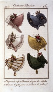 復元モード：クレープ、ガーゼ、ベルベットの女性用帽子のさまざまなモデル。1820年のエングレーヴィング 作： French School