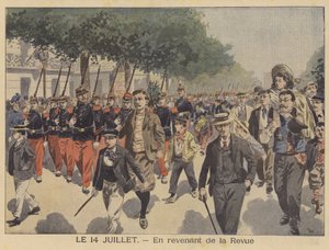 バスティーユ祭のパレードから帰宅する様子（カラーリトグラフ 作： French School