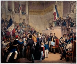 1848年の革命。オルレアン公爵夫人が摂政権を得るために、子供たちを連れて代議員会（国民議会）に出頭（2月24日 作： French School