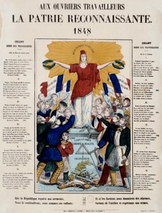 1848年の革命と第二共和制の誕生：マニフェストと「労働者へ、感謝すべき祖国へ」と題した歌で、レピュブリックが労働者に迎えられる。1848年 パリ、カルナヴァレ美術館 作： French School
