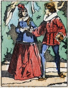 リケは再び王女の前に姿を現す。フランスの作家、シャルル・ペロー（1628-1703）の物語「リケ・ア・ラ・ホッペ」の挿絵。イメージング・ペランの木版画（エピナル、19世紀後半）。19世紀後半。