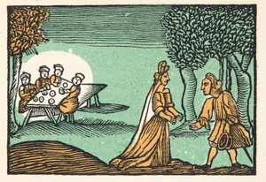 M Perraultのパブ、Mother Gooseが「Mother Goose」と語った、「歴史の物語」または「Tales of Past Times」のタフトを使ったリケット。 1925年（手塗りの木版画）