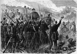リソルジメント - モンテベロ・デッラ・バッタリア（イタリア）の戦い、1859年5月21日。イタリア軍の司令官であるフランス人将軍エリー・フレデリック・フォレイ（1804 - 1872）は、オーストリア軍に勝利した後、兵士たちに凱旋された。Le Monde Illu」に掲載されたエングレーヴィング