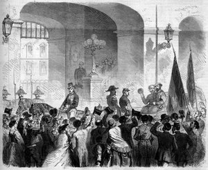 リソルジメント、ナポリ、1860年11月7日：ナポリをイタリア王国に併合することを認める住民投票の後、イタリア王ヴィクトル・エマニュエル2世（ヴィクトル・エマニュエル）（ヴィットリオ・エマニュエル）（1820-1878）がナポリ王宮に入場する。 作： French School