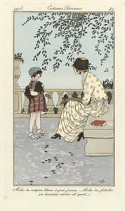 黄色の水玉模様の白いクレポン・ドレス - チェリーとグリーンのタータンチェックの少女用ドレス（『Costumes Parisien』1913年刊より）（ステンシルプリント 作： フランス語学校