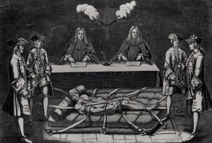 1757年3月2日、パリのシャトレで裁判官の前でロバート・フランソワ・ダミアン（1715〜57） 作： French School