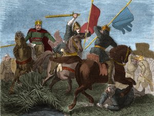 フランスのロバート1世（865-923）は、922年にフランク族の王として戴冠したが、シャルル3世の兵士に殺された。19世紀 作： French School