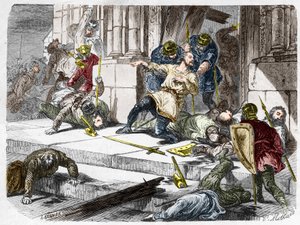 フランス公爵ロバート・ザ・フォート（815-866年頃）は、866年のブリサルトの戦いで、ブルトン人とヴァイキングを組み合わせた軍勢とフランク人を戦わせて死亡した。ポール・ルージュール著『フランス百年史』（1891年）に掲載されている図版 作： French School
