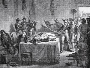 ロベスピエールは、1794年にジョーで自分自身を撃った実行を待っています 作： French School