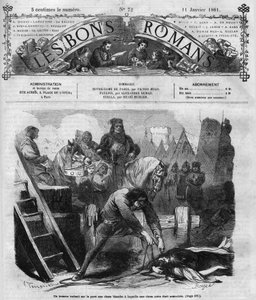 ローマの連載。ヴィクトル・ユーゴー（1802-1885）の「ノートルダム・ド・パリ」。男性が2人の女性を舗道で水切りしている。"Les bons romances "に掲載されたエングレーヴィング 作： French School