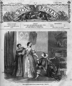 ローマの連載。アレクサンドル・デュマ(1802-1870)の「三銃士」。アンヌ・ドートリッシュ（1601-1666）がバッキンガム公爵（ジョルジュ・ヴィリエ）に贈る、ダイヤモンドのフェレットが入った箱。第十二章のイラスト。レ・ボン・ロマンス」の挿絵