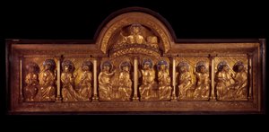 ロマネスク美術：ペンテコテの祭壇画：木、銅、エナメルのアンテンペディウム。スタヴェロ（ムーズ）産 1160-1170年頃。パリ、国立中世美術館、テルム・ド・クリュニー 作： French School