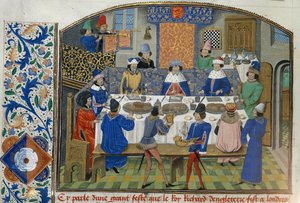 ロイ 14 E IV fol.265v ヨーク公、グロスター公、アイルランド公がリチャード 2 世と食事、第 3 巻「リチャード 2 世の戴冠式から 1387 年まで」、ジャン・ド・バタール・ワヴリン作（ベラム） 作： French School