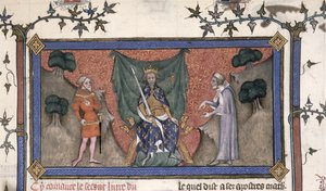 Roy 19 C IV f.154 フランスのシャルル 5 世 (1337-80) 王冠、剣、王笏を騎士と書記官の間に戴冠 作： French School