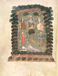 Roy 19 C IV f.298 「果樹園の番人の夢」より、王冠と王笏を持って庭に即位するチャールズ 5 世