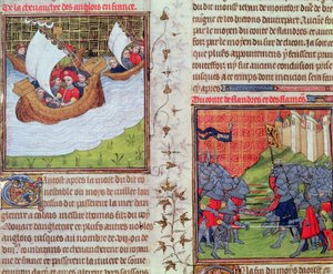 Roy 20 C VII f.219v 海でのイギリス軍、ゲントの男たちとフランダース伯の戦い、14 世紀末 (ベラム) 作： French School