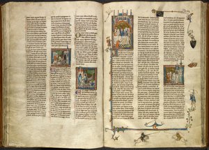 Royal 14 E. III, ff.88v-89 ランスロットは、斬首された祖父である王の頭を沸騰した井戸から取り出しました。 2人の騎士の上で崩壊する建物。 右、祝宴に着席するアーサーとギネヴィアのミニチュア、「Estoire del Saint Graal」より