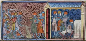 Royal 16 G. VI、f.185vコルドバのマンスールの襲撃、「Chroniques de France ou de Saint Denis」のイラスト（ベラム） 作： French School