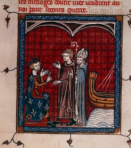 Royal 16 G. VI、f.337 King Philip II and Patriarch、「Chroniques de France ou de Saint Denis」のイラスト（ベラム） 作： French School