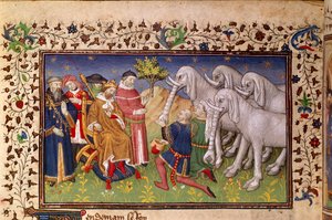 ロイヤル 20 B. XX、fol.82v、アレクサンダーに白い象を贈る、「La Vraye Histoire du Bon Roy Alixandre」より (ベラム) 作： French School
