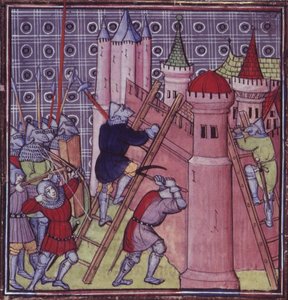 Royal 20 C.VII fol.19 14 世紀後半の「Chroniques de France ou de St. Denis」より、フランス人がジェノバを破壊 (ベラム) 作： French School