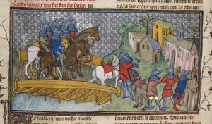 Royal 20 C. VII、f.136v セーヌ川の通路、「Chroniques de France ou de St. Denis」のイラスト（ベラム） 作： French School