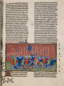 Royal 20 C. VII、f.34 クルトレーの戦い、「Chroniques de France ou de Saint Denis」のイラスト（ベラム） 作： French School