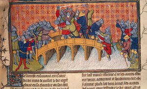 Royal 20 C. VII、fol.137 百年戦争中のセーヌ橋の戦い、「Chroniques de France ou de St. Denis」（ベラム） 作： French School