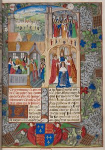 ロイヤル 20 E. V、f.8 シャルル 7 世の戴冠式、「Chroniques de France ou de Saint Denis」1487 のシーン (ベラム)