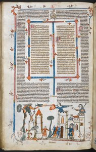 ロイヤル MS 10 E IV f.88v、城を攻撃するドラゴンの基本ページ シーン、1300～40 年頃（羊皮紙にペンとインク、テンペラ） 作： French School