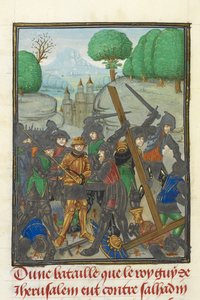 ロイヤル MS 15 E I、f. 433v、サラディンによるガイ・オブ・リュジニャンの敗北と十字架の喪失、ウィリアム・オブ・タイアによる「Histoire d