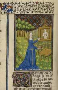 ロイヤル MS 16 G V f.68v タマルが女神ダイアナを描いている、「De claris mulieribus in an anonymous French translation (Le livre de femmes novels et renomées)」より、1440 年頃 (ベラム) 作： French School