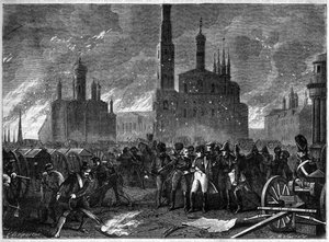 ロシアキャンペーン1812 - ジャン・アンブロワーズ・バストン・ド・ラリボアジェール将軍は、爆発の危険性があるため、ナポレオンにクレムリンからの退去を促す - 1812年のモスクワ火災 - ラリボアジェール将軍は、手ごわい爆発の危険性があるため、ナポレオンにクレムリンからの退去を強要する。 作： French School
