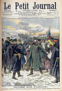 露日戦争1904-1905。日本軍はストエッセル将軍と旅順のロシア軍守備隊に名誉ある降伏を認める。パリのLe petit Journalより