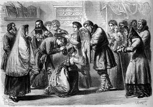 ロシアの習慣-結婚式-1860年：結婚式の前の儀式。ゴッドファーザーとゴッドマザーが将来の結婚を祝福する。ゴッドファーザーは、宗教的な聖別のシンボルであるキリストや聖母の像を二人に贈ります。ゴッドマザーはパンと塩を結婚相手の頭の上に持っていきます。 作： French School