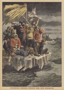 流氷の上で漂流するロシアの漁師たち（カラーリトグラフ 作： French School