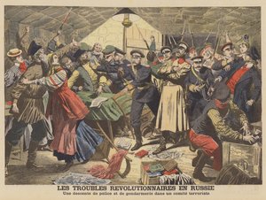 革命集会を解散させるロシアの警察（カラーリトグラフ 作： French School